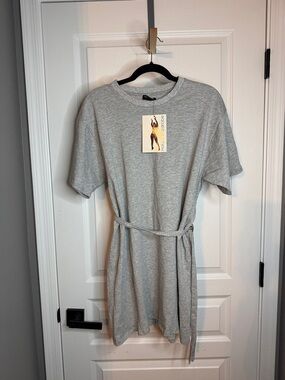 naked wardrobe Light Heather Gray Mini Tee Dress with Waist Tie